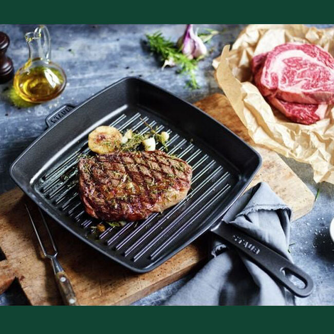 Staub Cast Iron 12” Square, Grill Pan | Black Matte in use