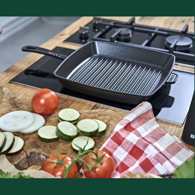 Staub Cast Iron 12” Square, Grill Pan | Black Matte on stove