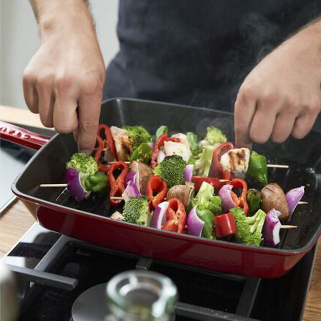 Staub Cast Iron 12” Square, Grill Pan | Cherry in use