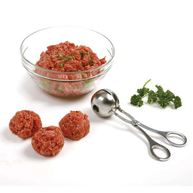 Norpro Stainless Steel Mini Meat Baller with meatballs