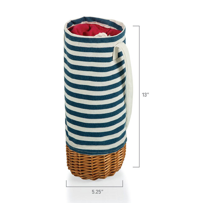 Picnic Time Malbec Insulated Canvas and Willow Wine Bottle Basket | Navy Blue with dimensions