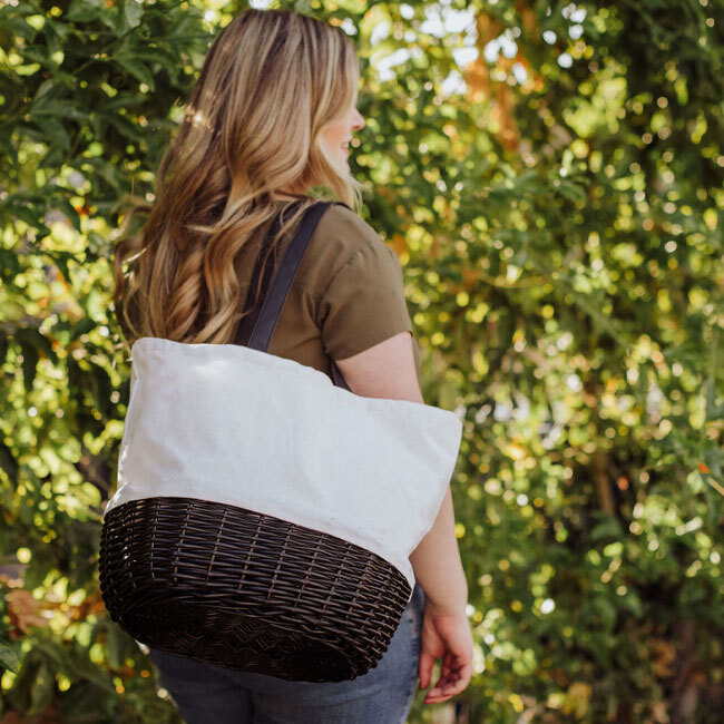 Picnic Time Coronado Canvas and Willow Basket Tote | Black & White in use