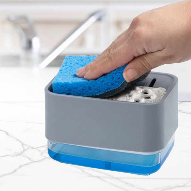 HIC Kitchen | Soap Dispensing Sponge Holder with Sponge in use