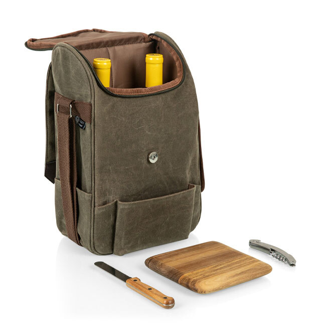 Legacy 2 Bottle Insulated Wine Bag with Cheese Board and Knife Set w/ wine bottles