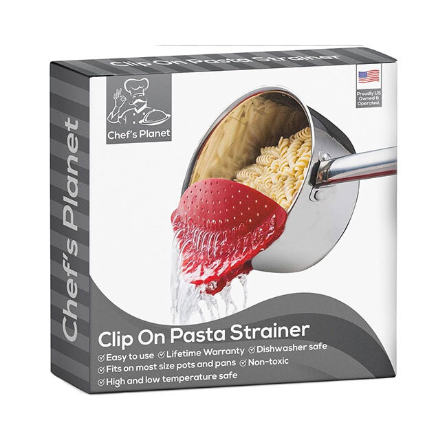 Chef's Planet Clip & Drain in Red on Pot - package