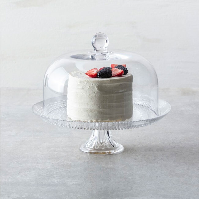 Fortessa Jupiter Clear 13” Cake Stand and Dome Set in use