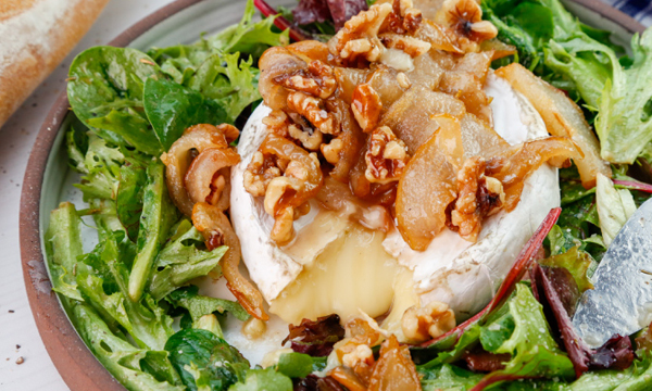 Caramelized Pears with Brie and Walnuts over Mixed Baby Greens