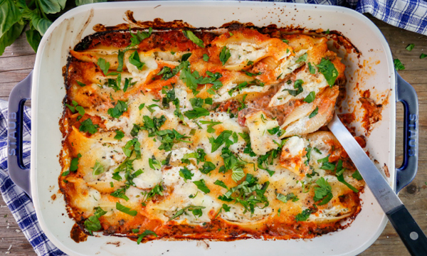 Cheesy Stuffed Shells in a Creamy Tomato Mushroom Sauce