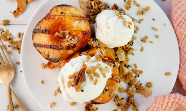 Grilled Summer Peaches with Maple Sesame Toasted Oats (Served with Vanilla Bean Ice Cream)
