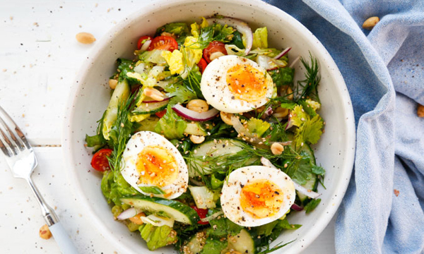 Herbed Cucumber and Tomato Salad with Garlic Sesame Dressing and Jammy Eggs