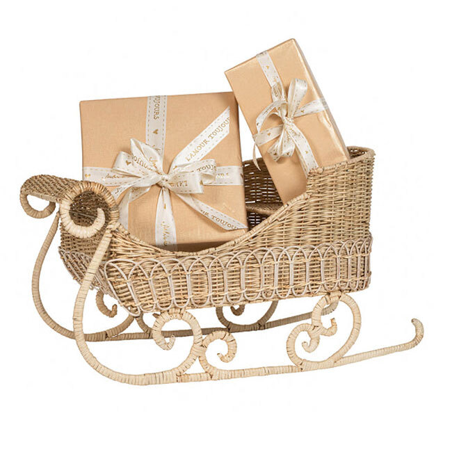 Juliska Provence Rattan Sleigh | Whitewash with wrapped packages