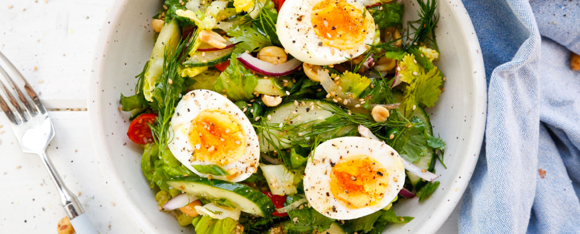 Herbed Cucumber and Tomato Salad with Garlic Sesame Dressing and Jammy Eggs