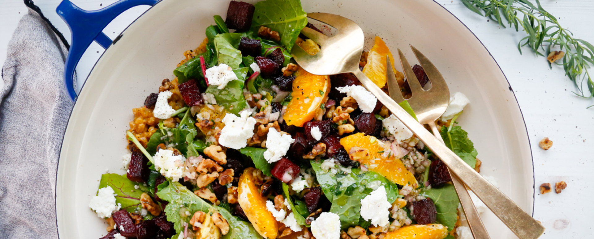 Winter Beet Salad with Baby Greens, Goat Cheese, Farro, Oranges, Walnuts, and Honey Tarragon Dressing