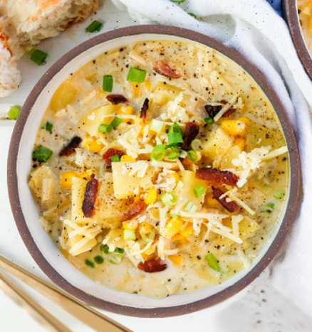 Corn, Leek, and Potato Soup with Green Onions, Cheese, and Crispy Bacon