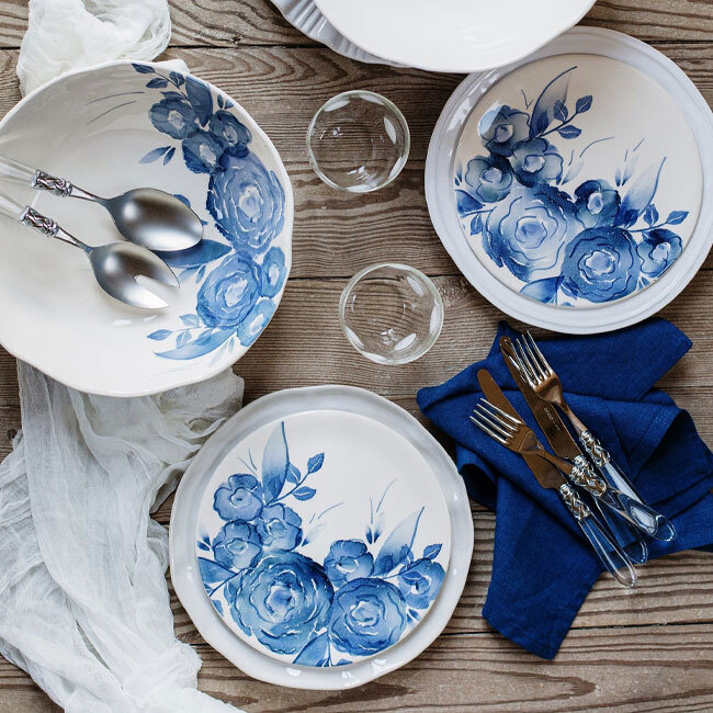 Viva by Vietri Blue Camellia Salad Plate with other pieces