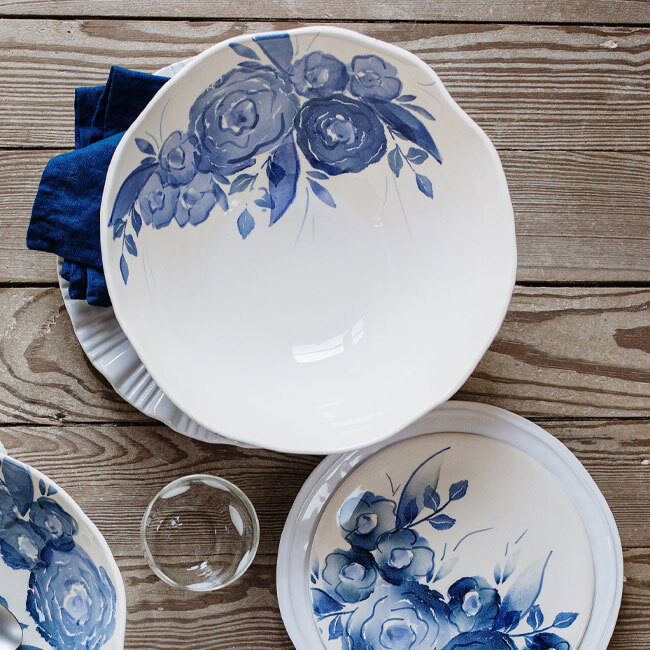 Viva by Vietri Blue Camellia Deep Serving Bowl