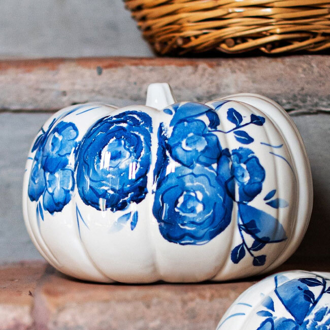 Viva by Vietri Blue Camellia Medium Figural Pumpkin